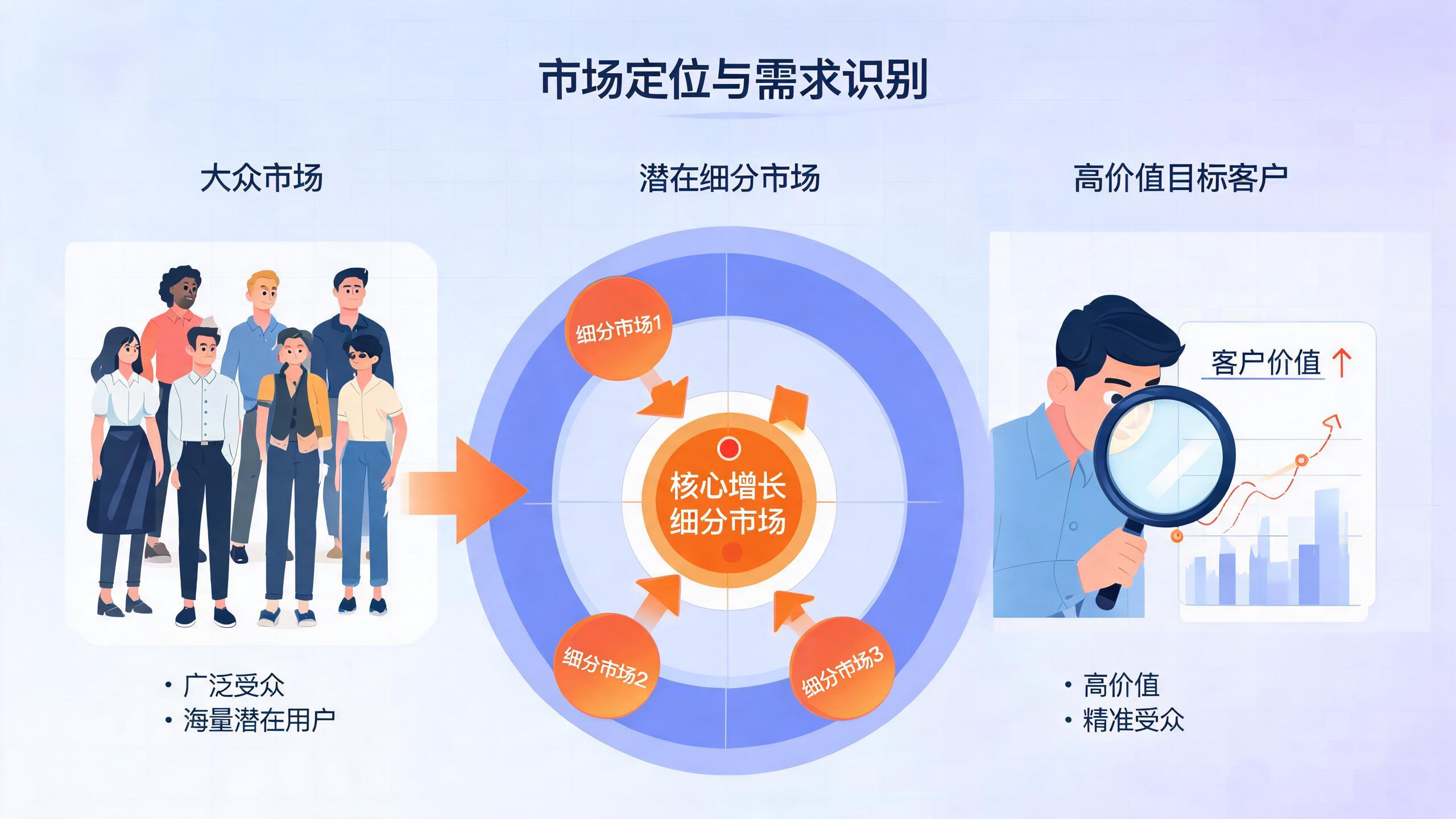 从大众市场到细分市场的定位路径示意图