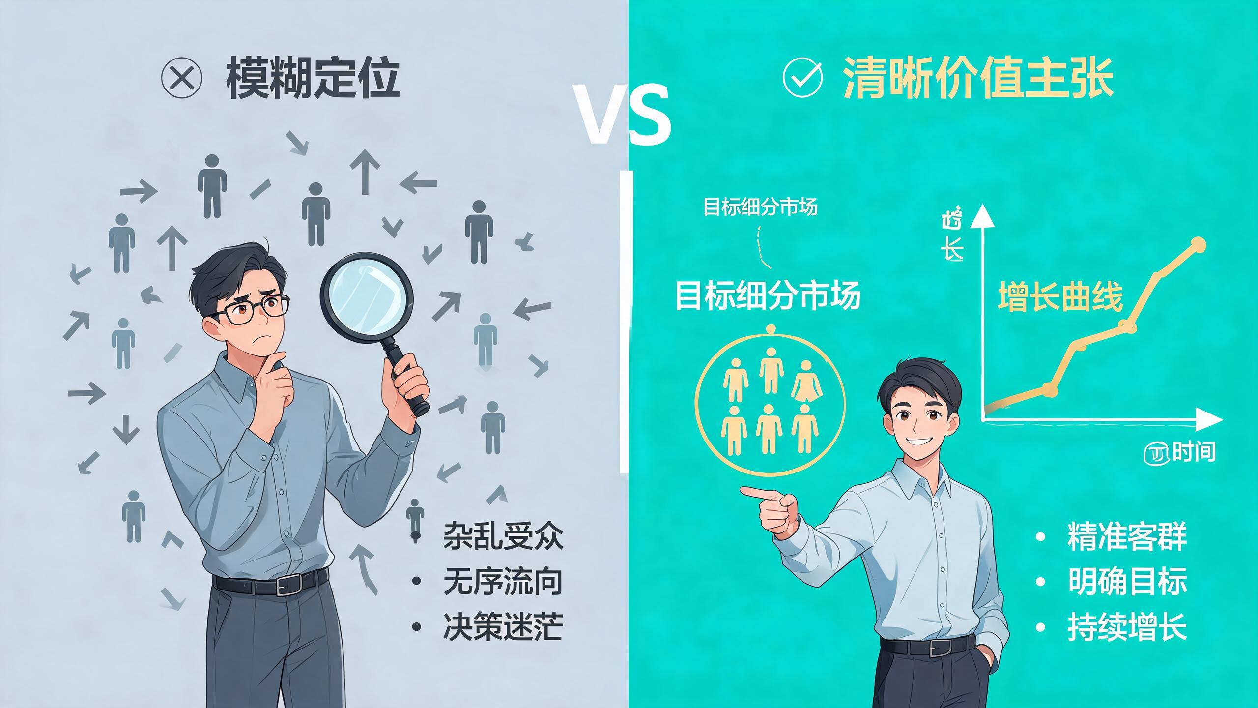 从模糊定位到清晰价值主张的对比示意图
