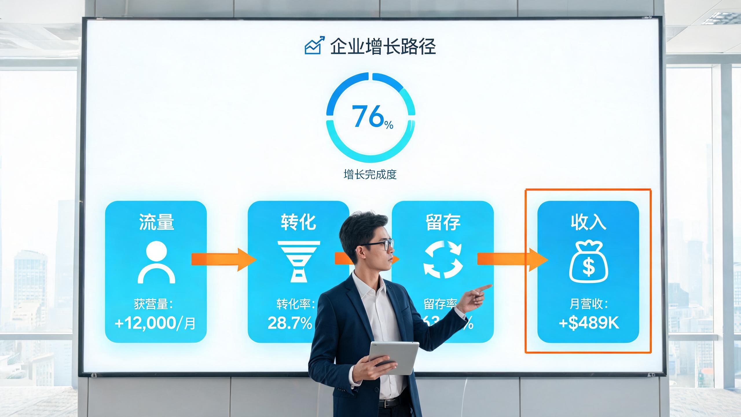 企业增长路径中“流量—转化—留存—收入”的关键环节示意图