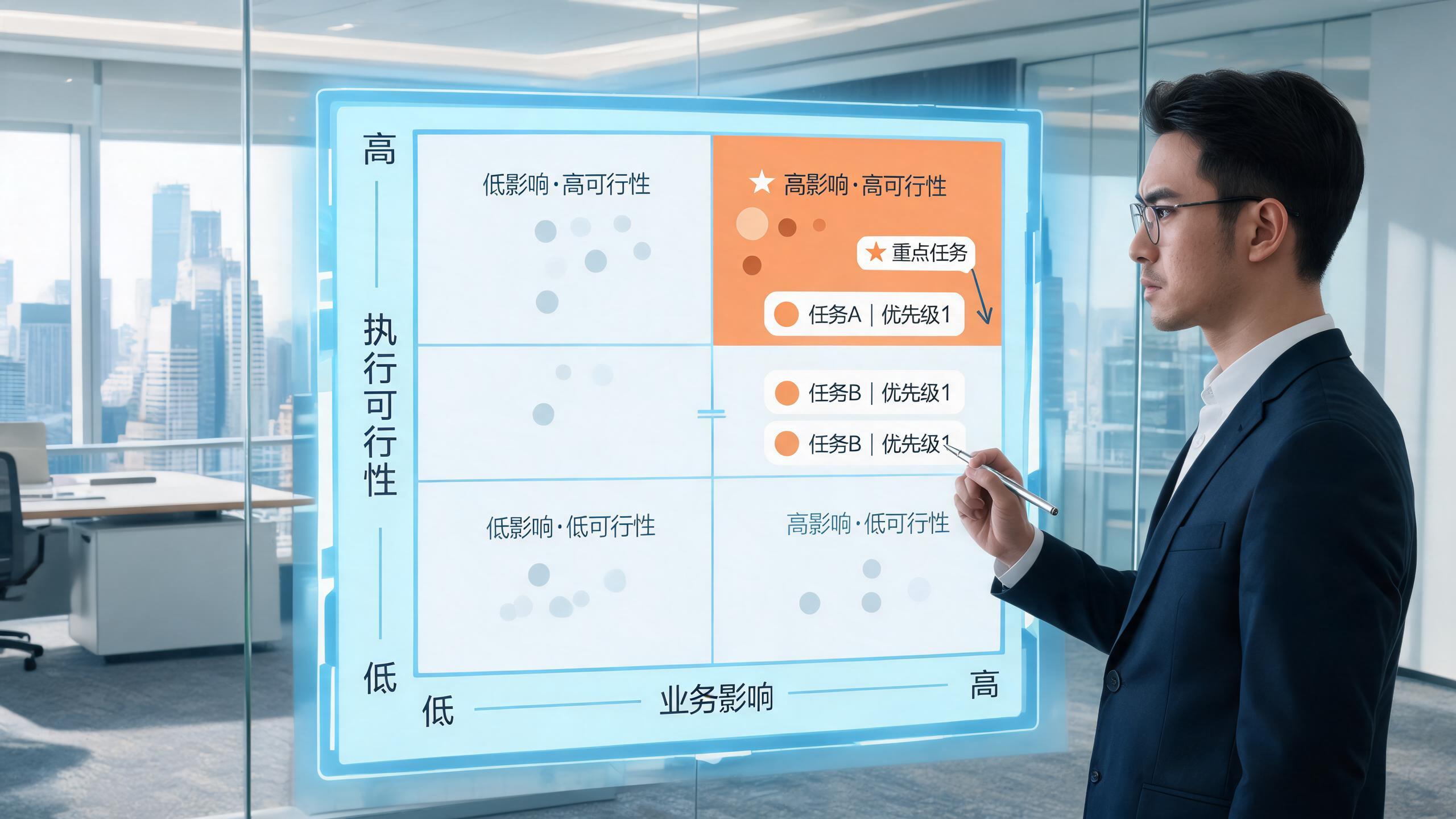 增长任务筛选矩阵，横轴为业务影响，纵轴为执行可行性