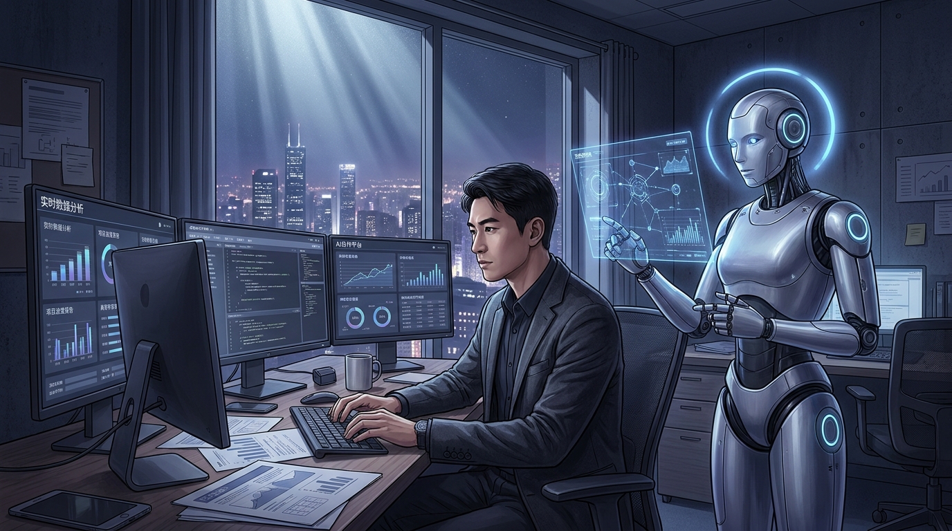 深夜办公室里，人和AI并肩工作的场景