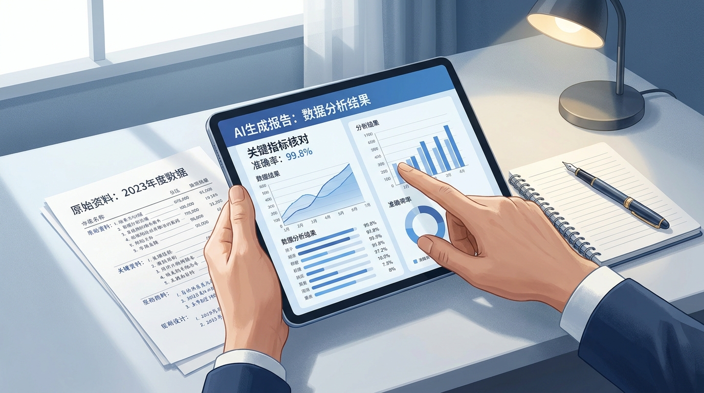 一只手正在核对AI生成的报告与原始资料