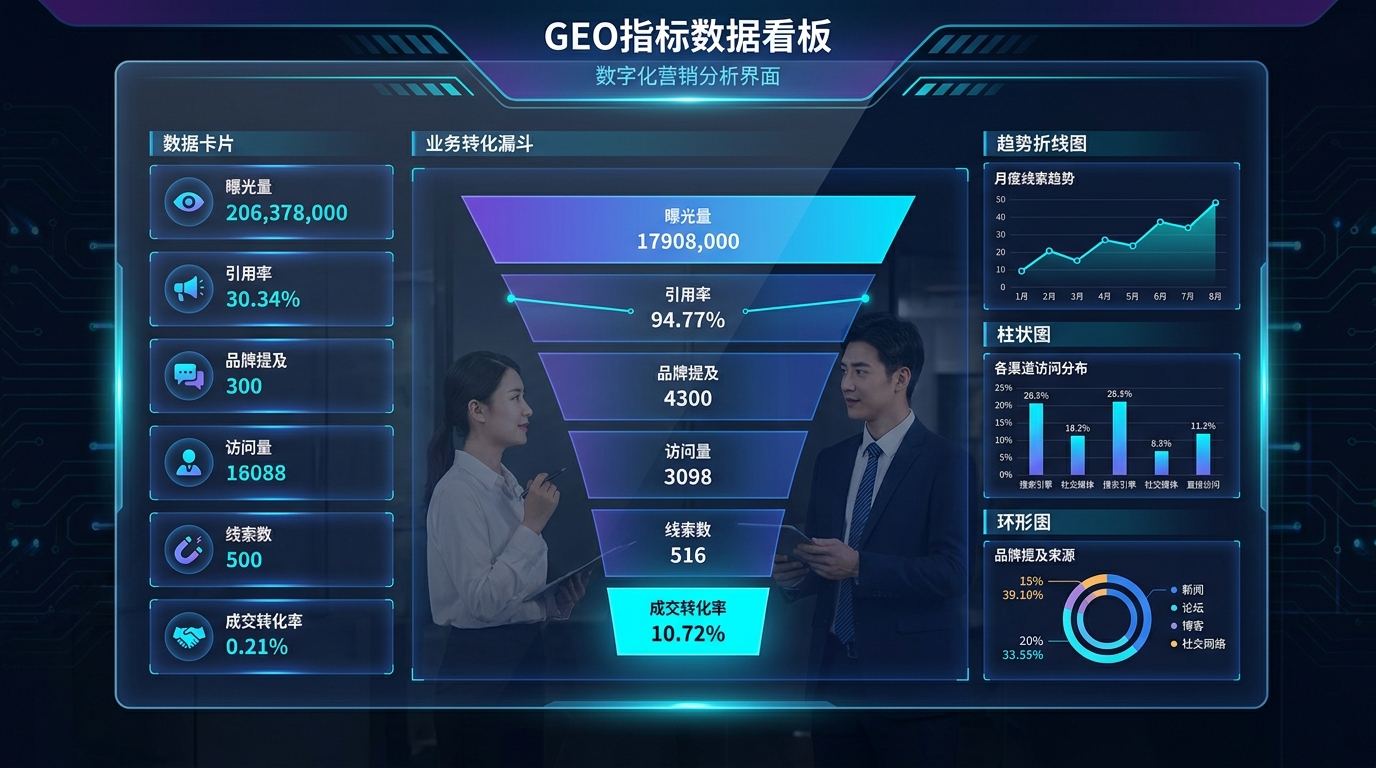 GEO 指标看板与业务转化漏斗示意