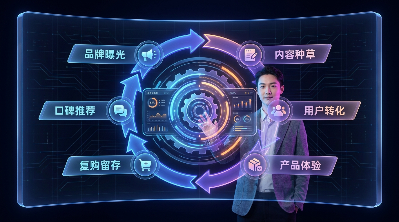 从获客到复购推荐的全链路增长飞轮示意图