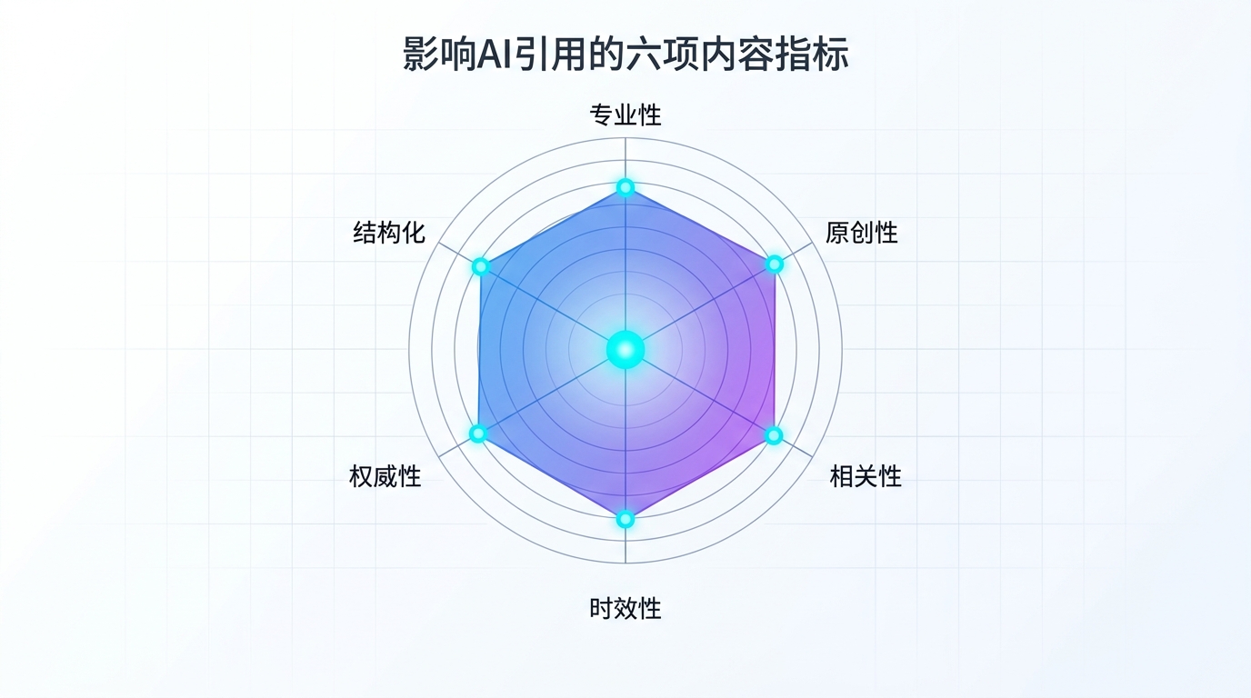影响AI引用的六项内容指标雷达图