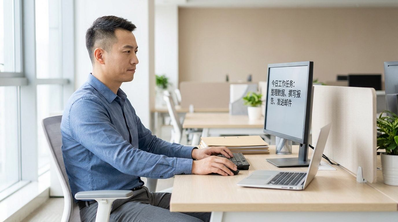 一个普通职场人面对电脑使用AI,屏幕上显示简洁清晰的工作任务