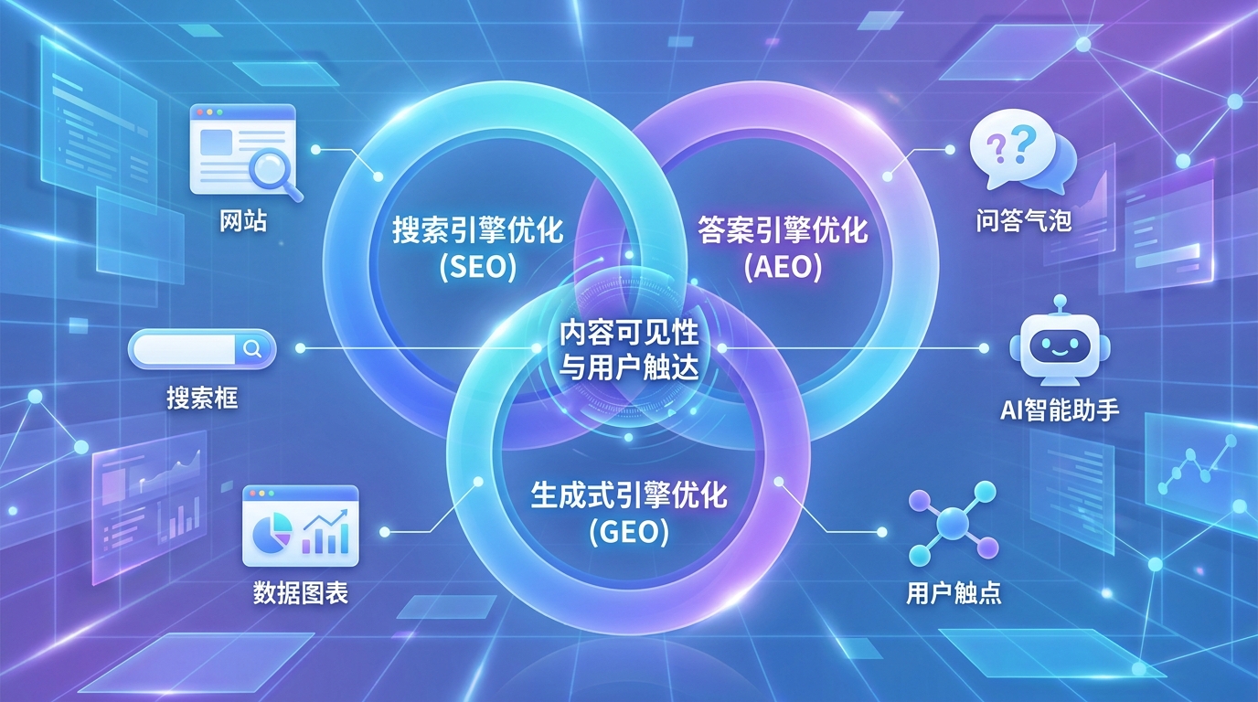 SEO、AEO与GEO三者关系及应用场景示意图