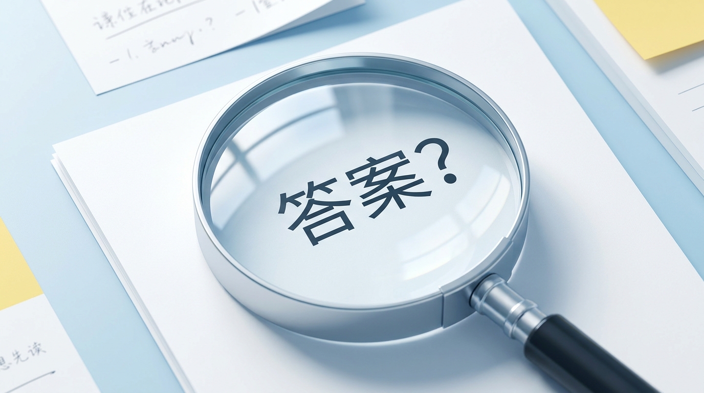 放大镜下的答案与问号，象征核验信息