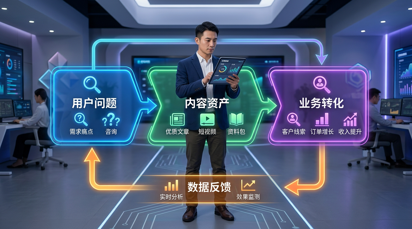从用户问题到内容资产再到业务转化的闭环流程图