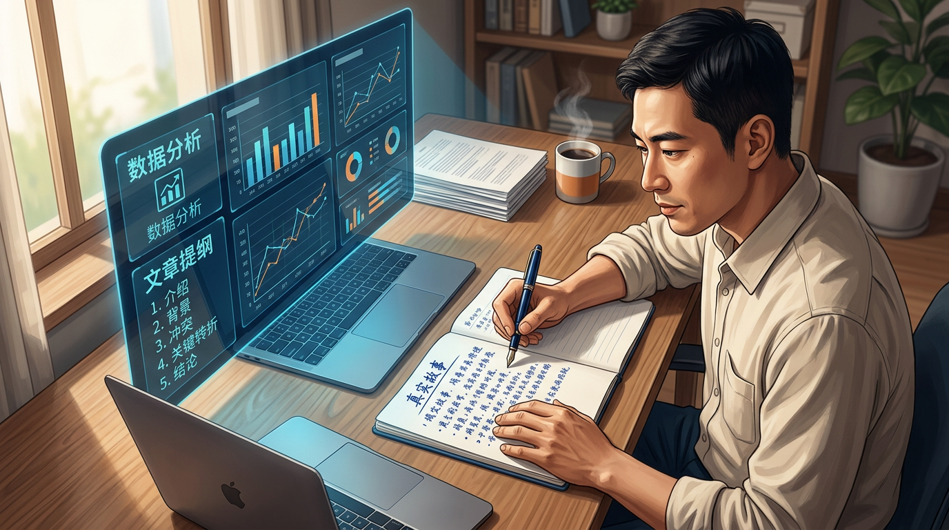 人与AI协作创作，左侧是数据与提纲，右侧是手写的真实故事