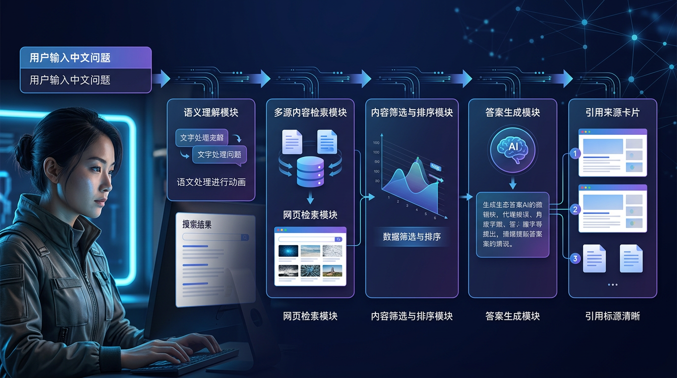 AI搜索从用户提问到内容引用的生成式引擎流程图