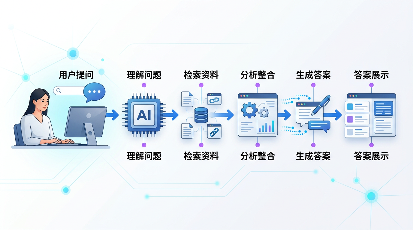 AI搜索从用户提问到生成答案的流程示意图