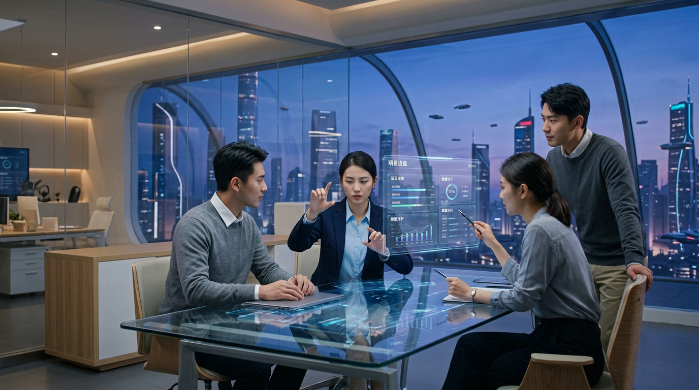 人类与多个 AI 智能体协同工作的未来办公场景
