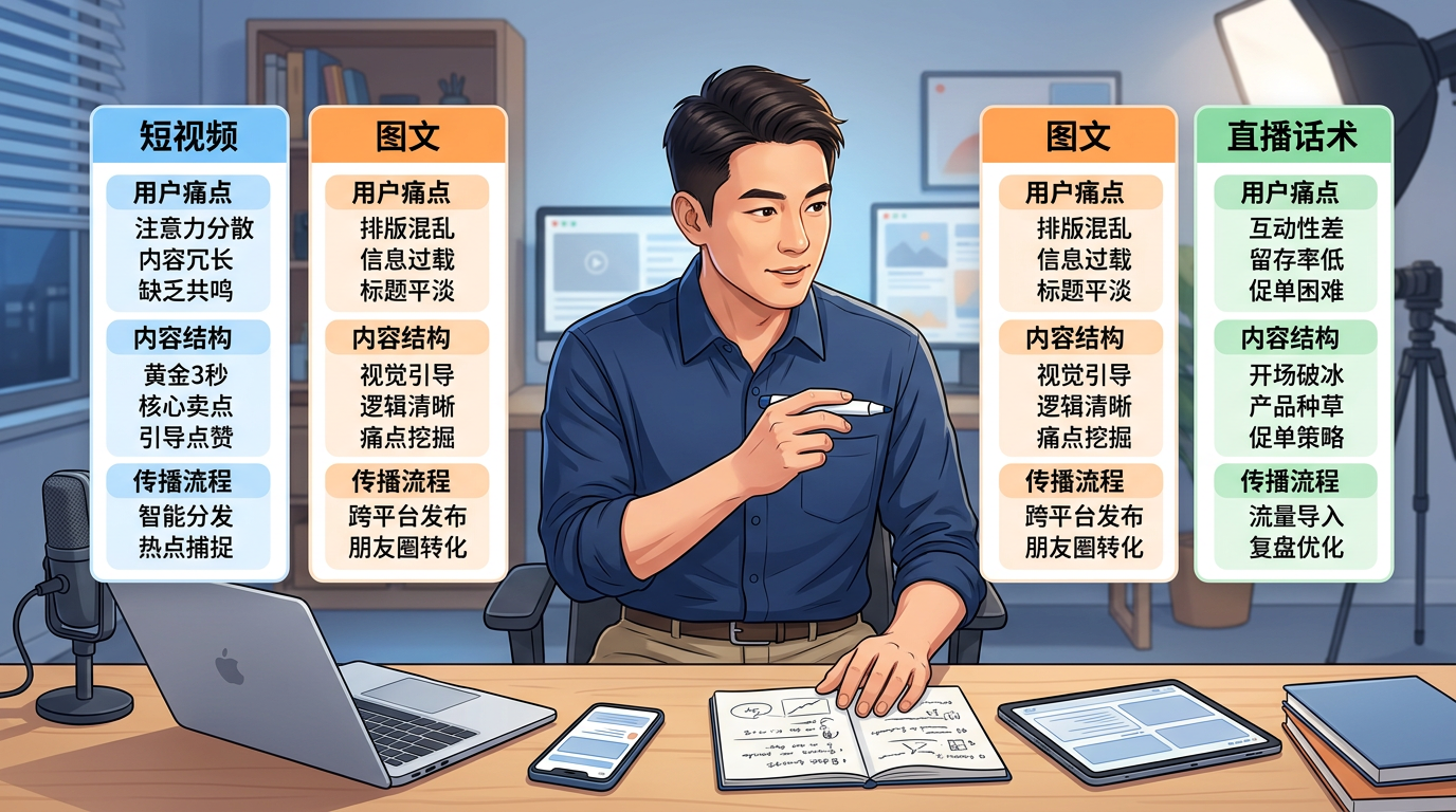 一个用户痛点拆解成短视频、图文和直播话术