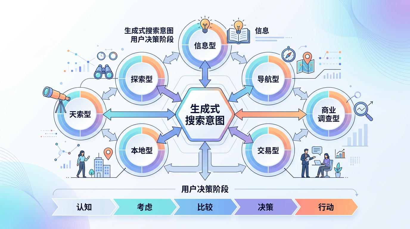 六类生成式搜索意图与用户决策阶段示意图
