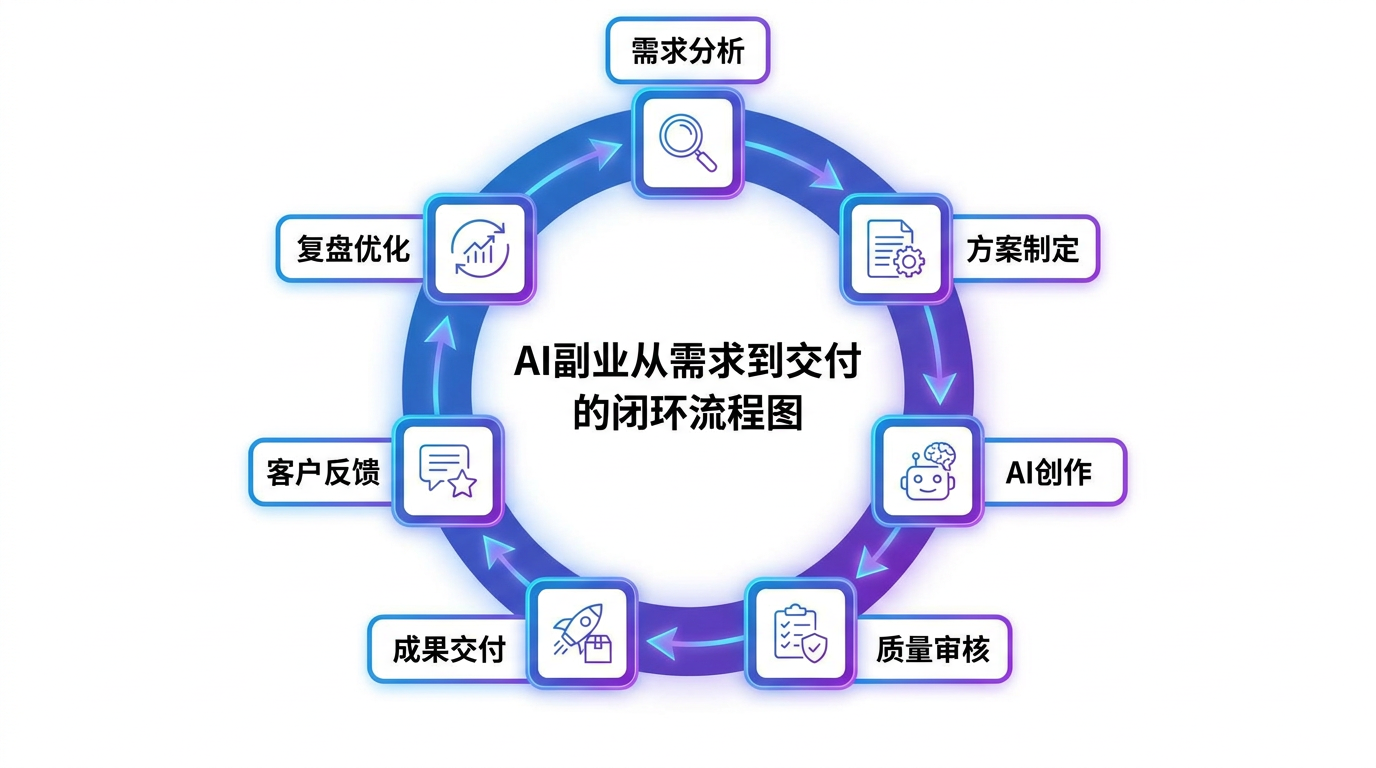 AI副业从需求到交付的闭环流程图