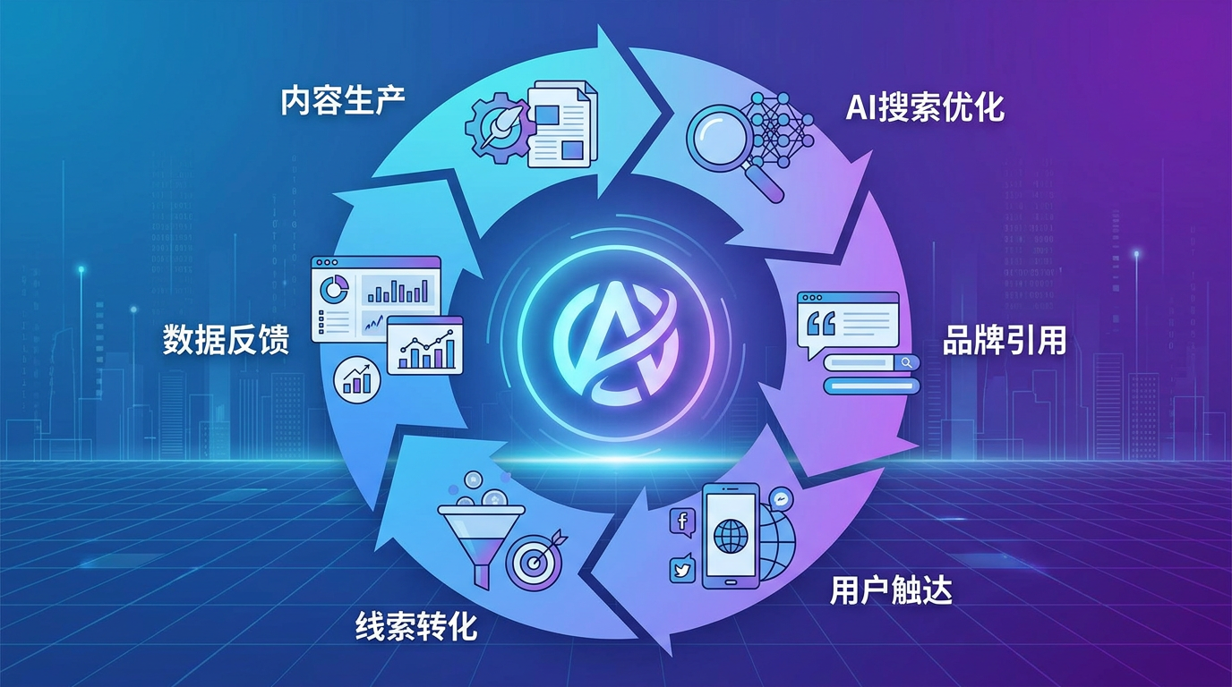 GEO从内容生产到品牌引用、线索转化的闭环示意图