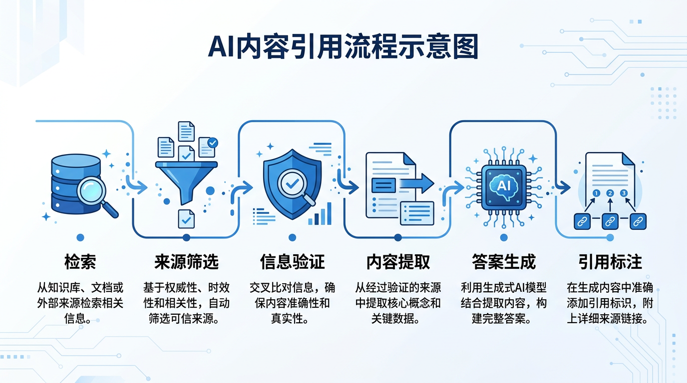 AI从检索、验证到生成答案的内容引用流程示意图
