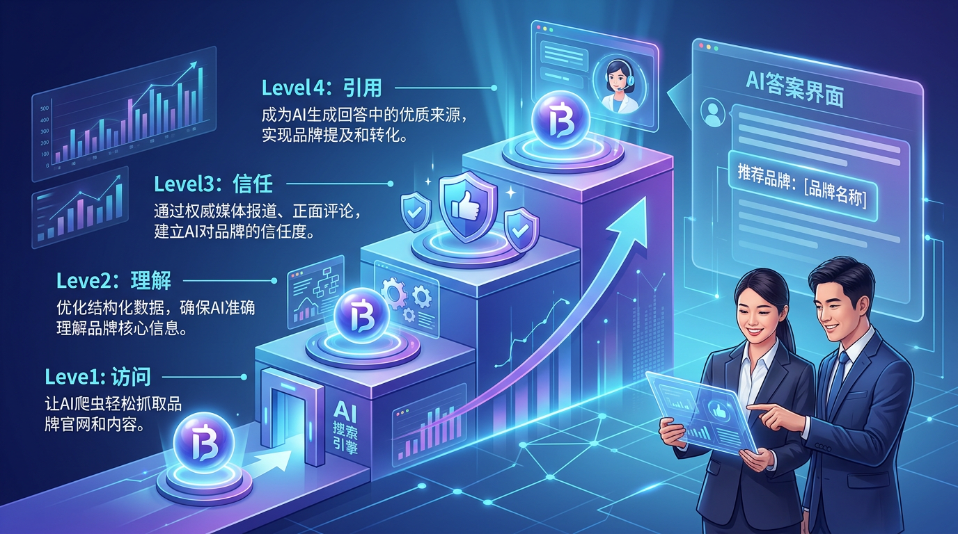 品牌进入AI答案的“访问—理解—信任—引用”四层路径示意图