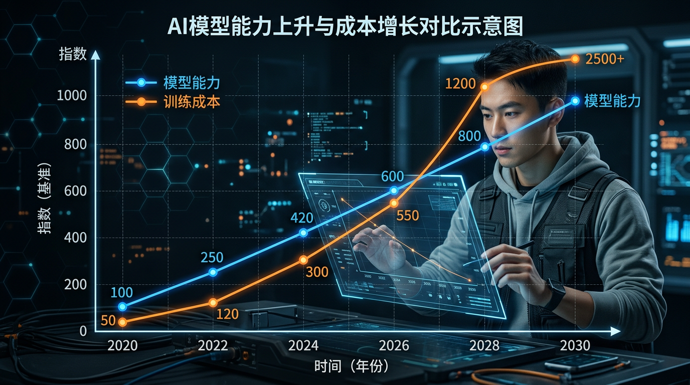 AI模型能力上升与成本增长的对比示意图