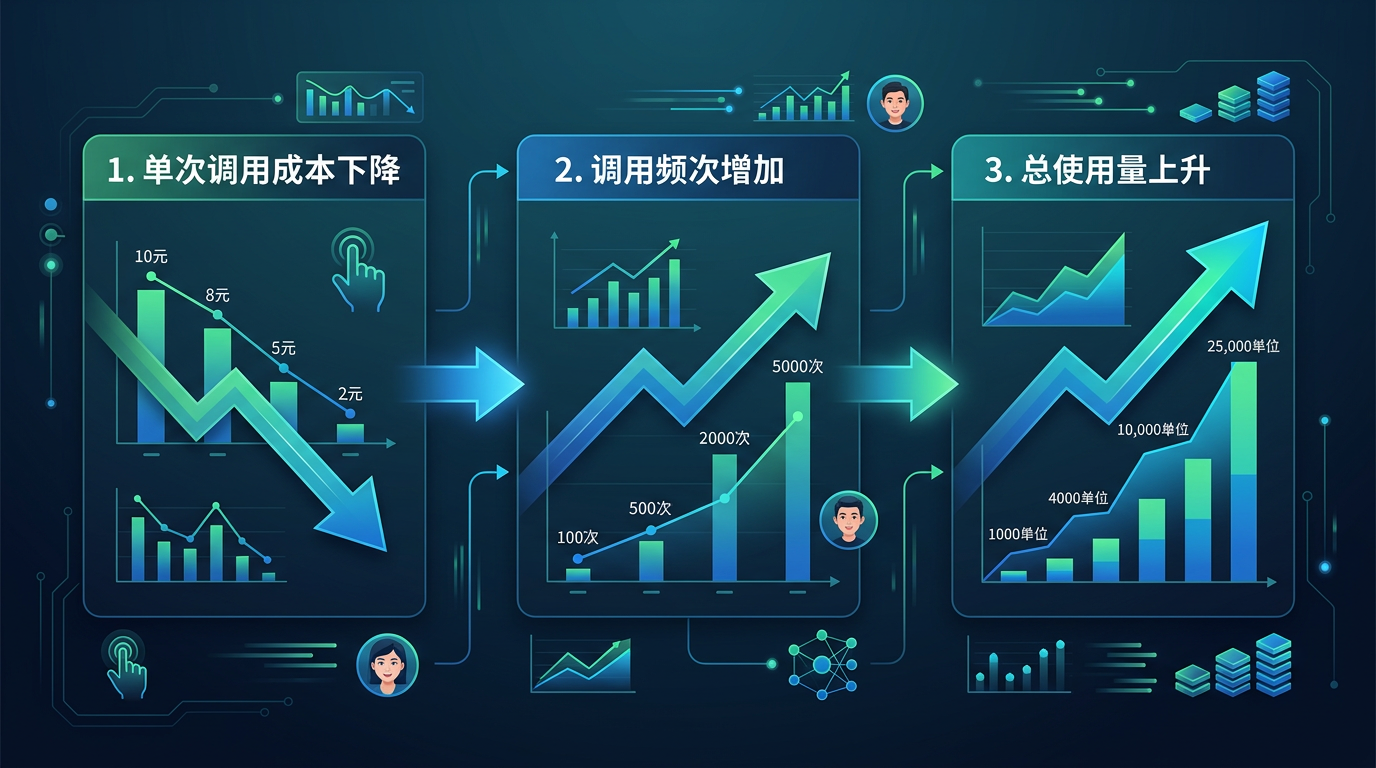 从单次调用成本下降到总使用量上升的路径图
