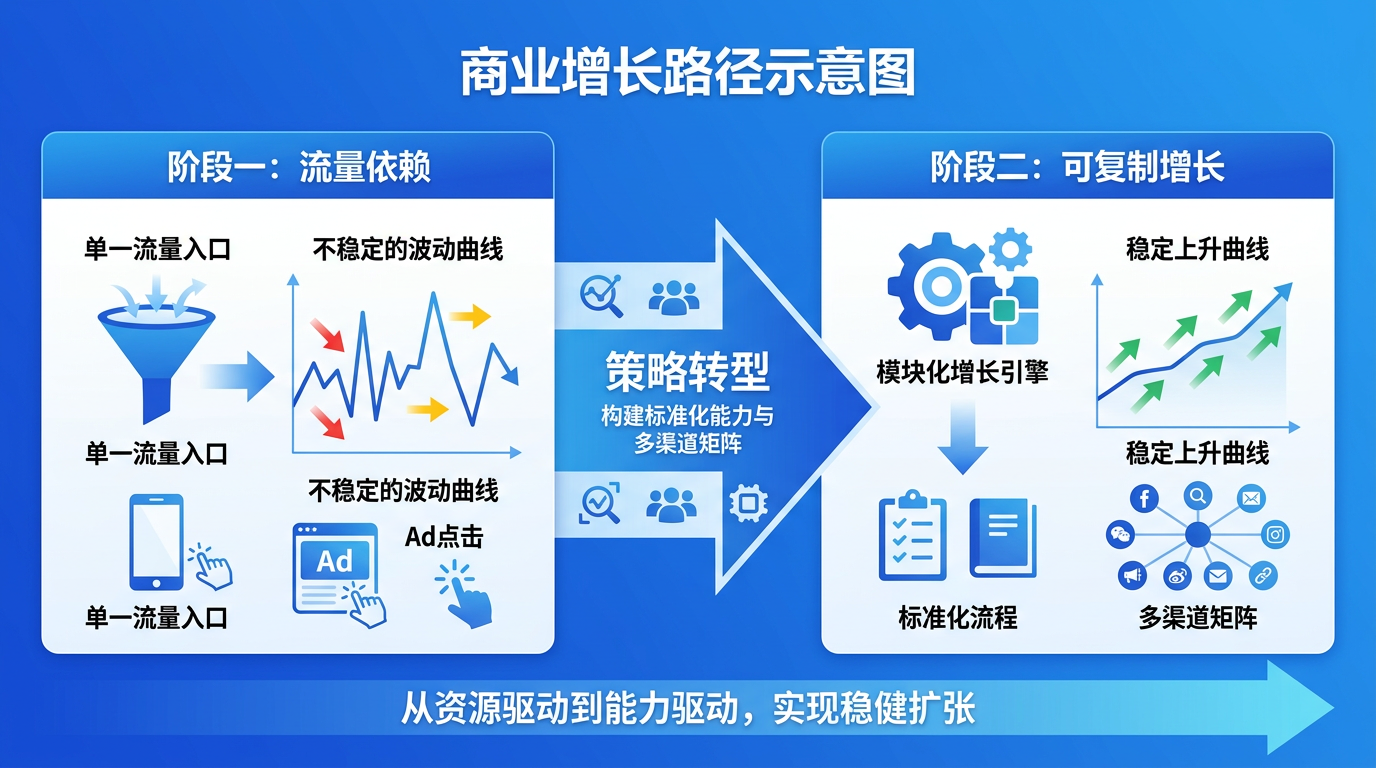 从流量依赖到可复制增长的路径示意图
