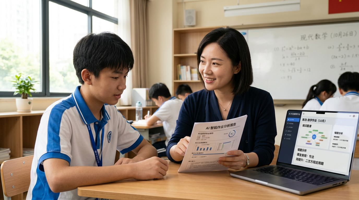 教师使用AI整理作业后,与学生进行一对一交流