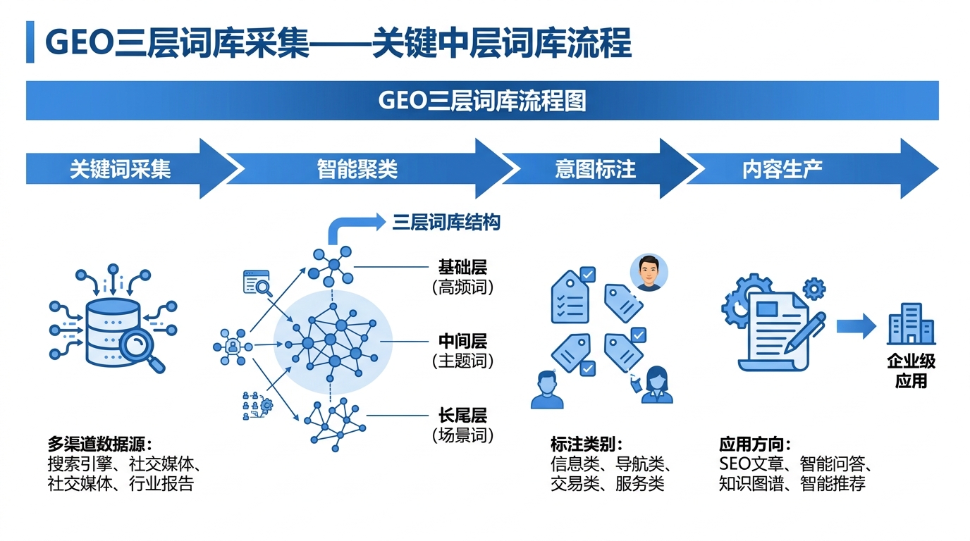 GEO三层词库从采集、聚类、标注意图到内容生产的流程图