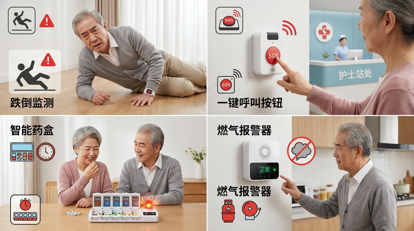 跌倒监测、一键呼叫、智能药盒和燃气报警器示意图