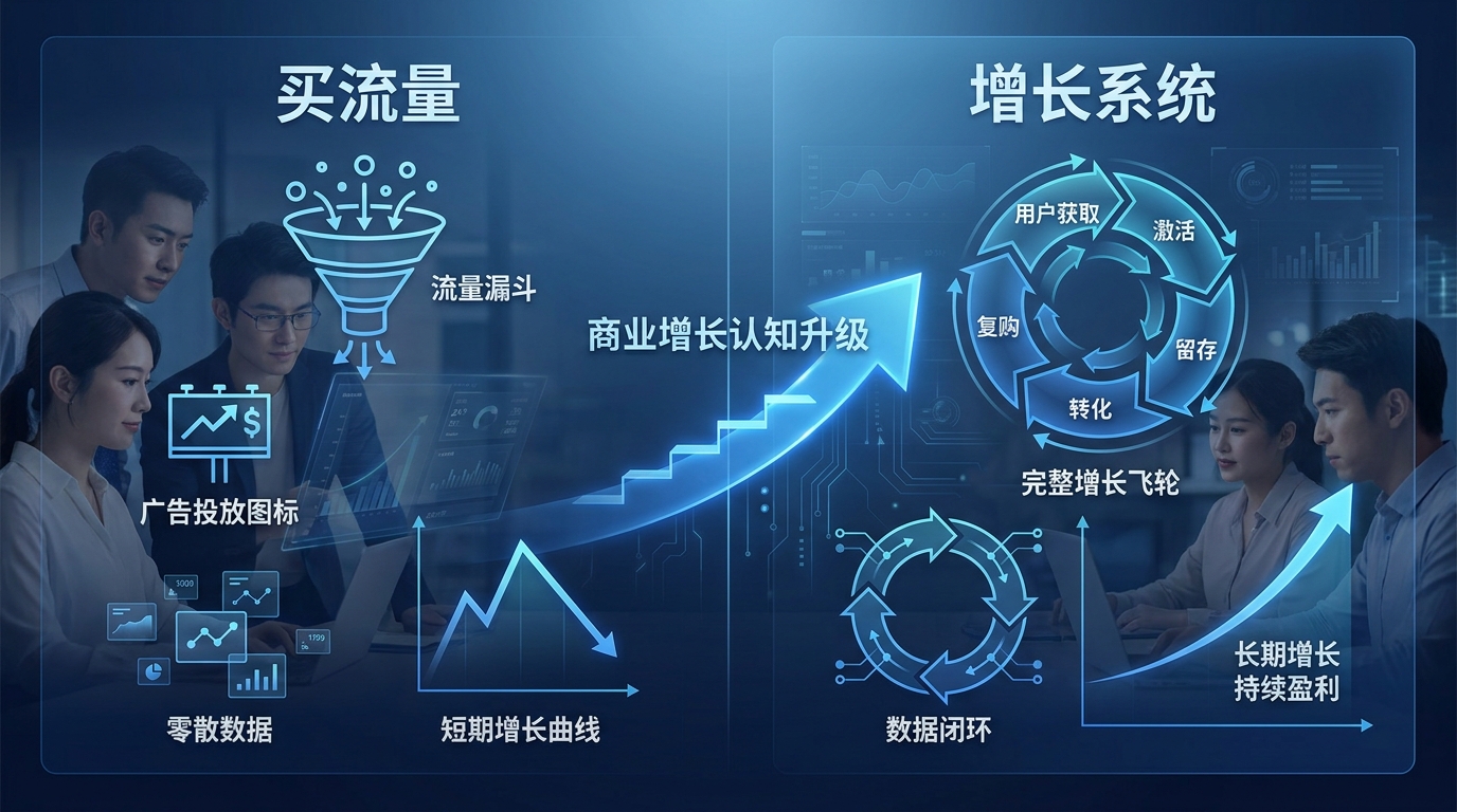 从“买流量”到“增长系统”的认知升级示意图