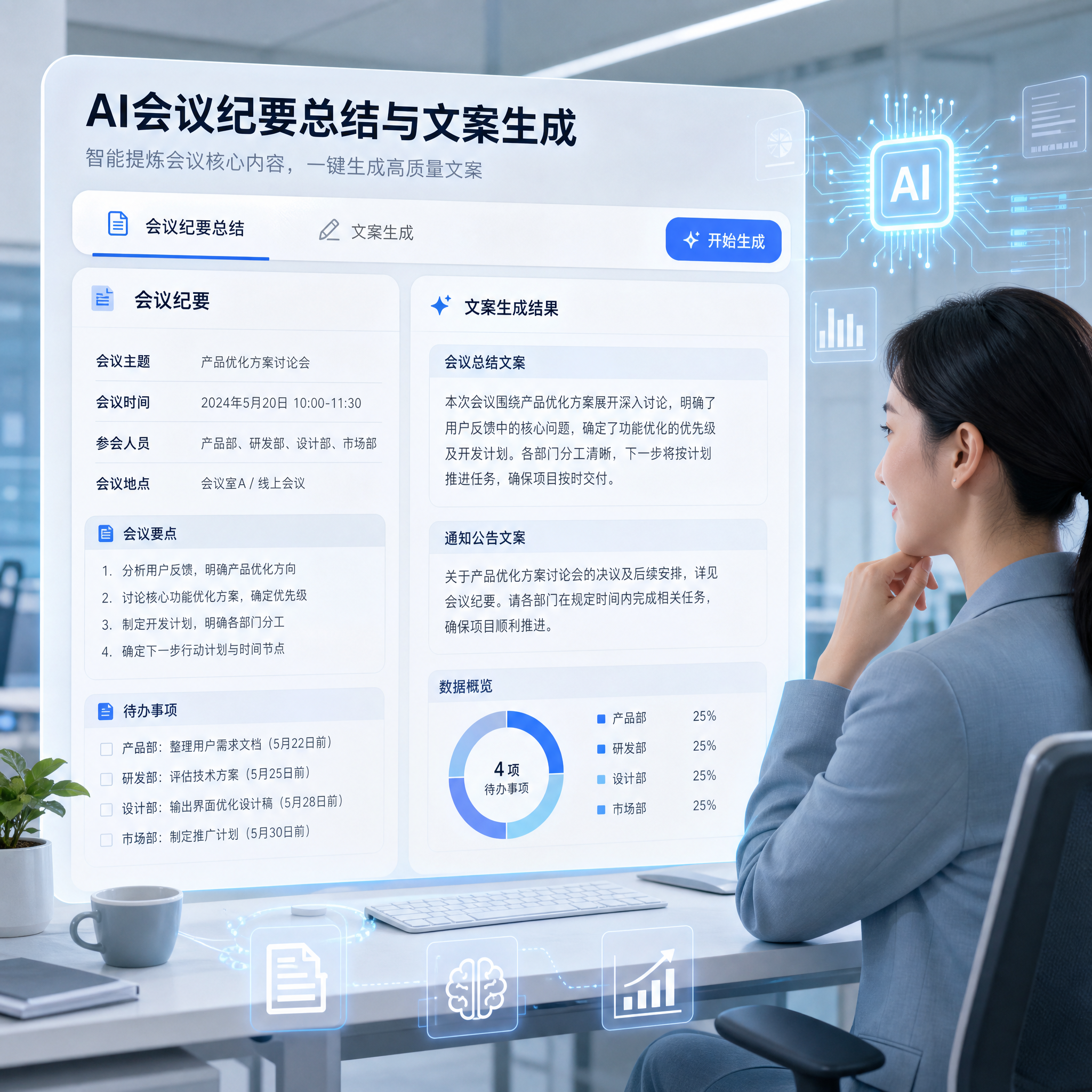 AI总结会议纪要/生成文案的功能示意图