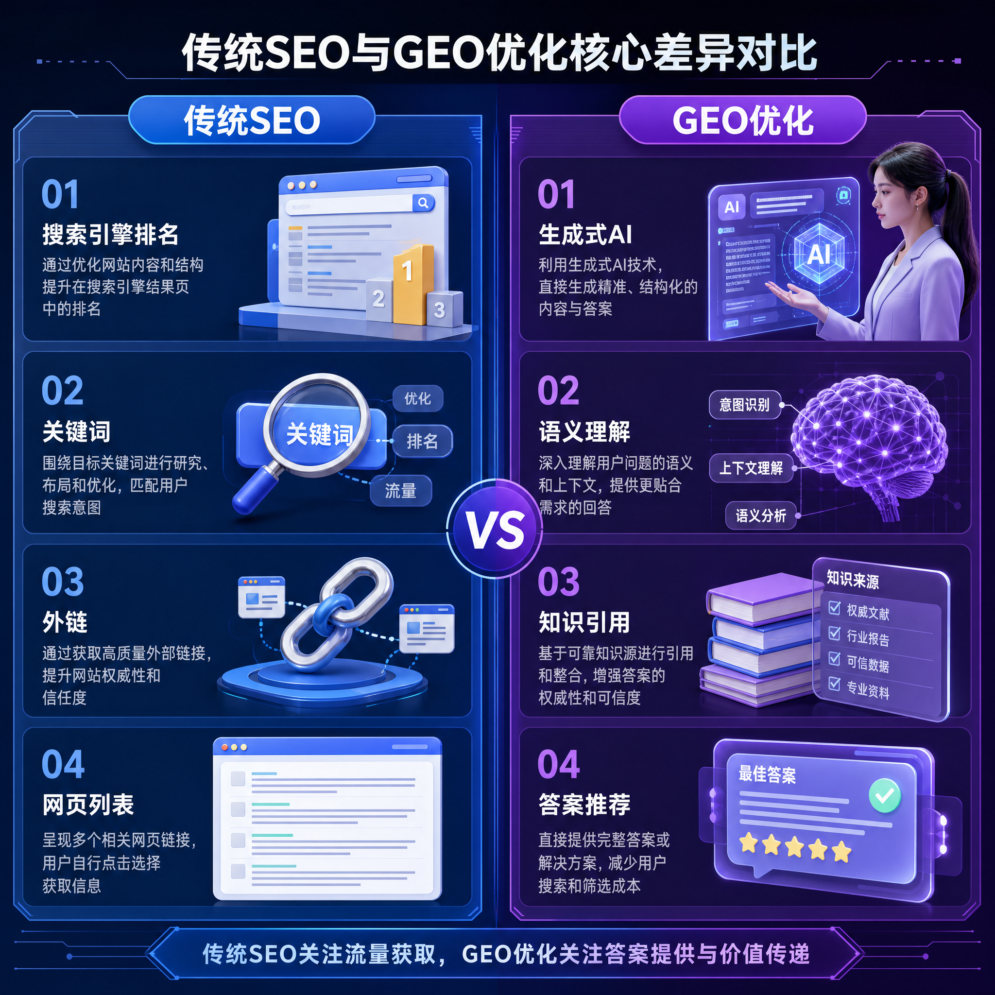 传统SEO与GEO优化的核心差异对比图