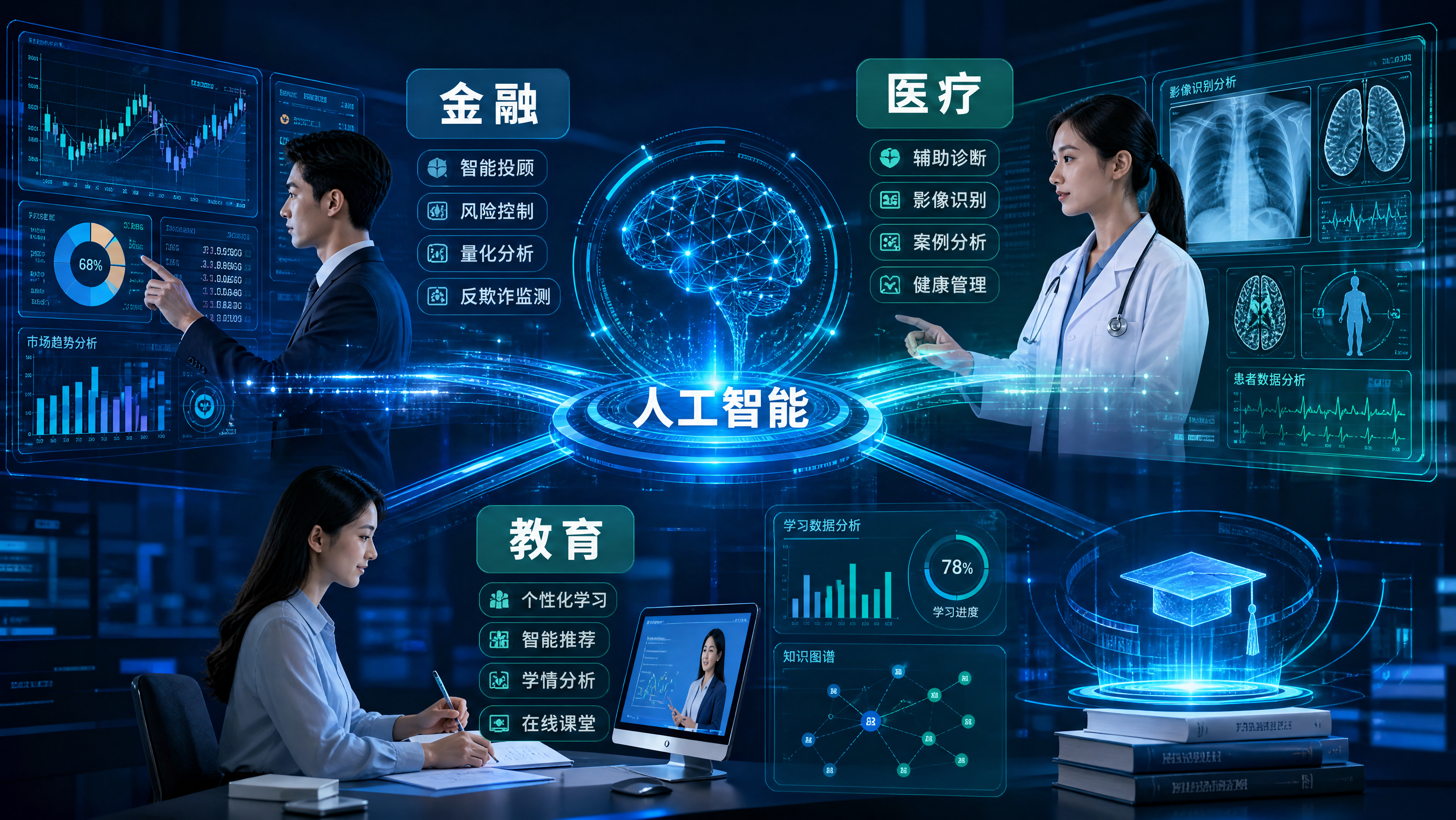金融、医疗、教育等行业AI应用示意