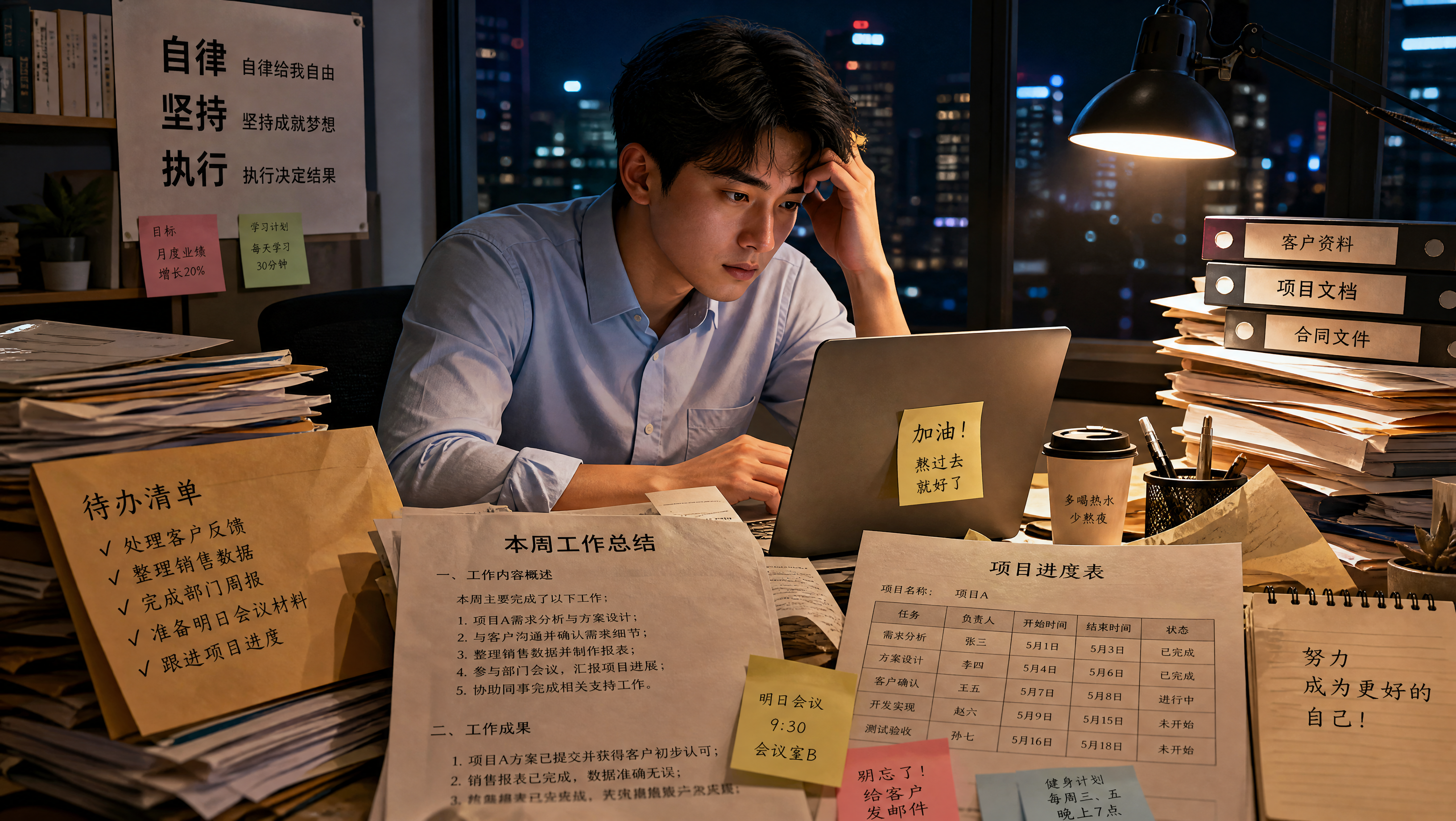 深夜电脑前堆满邮件、待办和周报的职场人