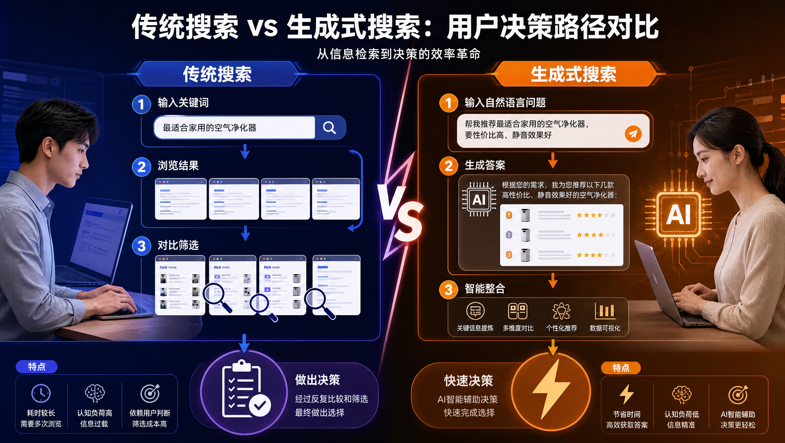 传统搜索与生成式搜索的用户决策路径对比
