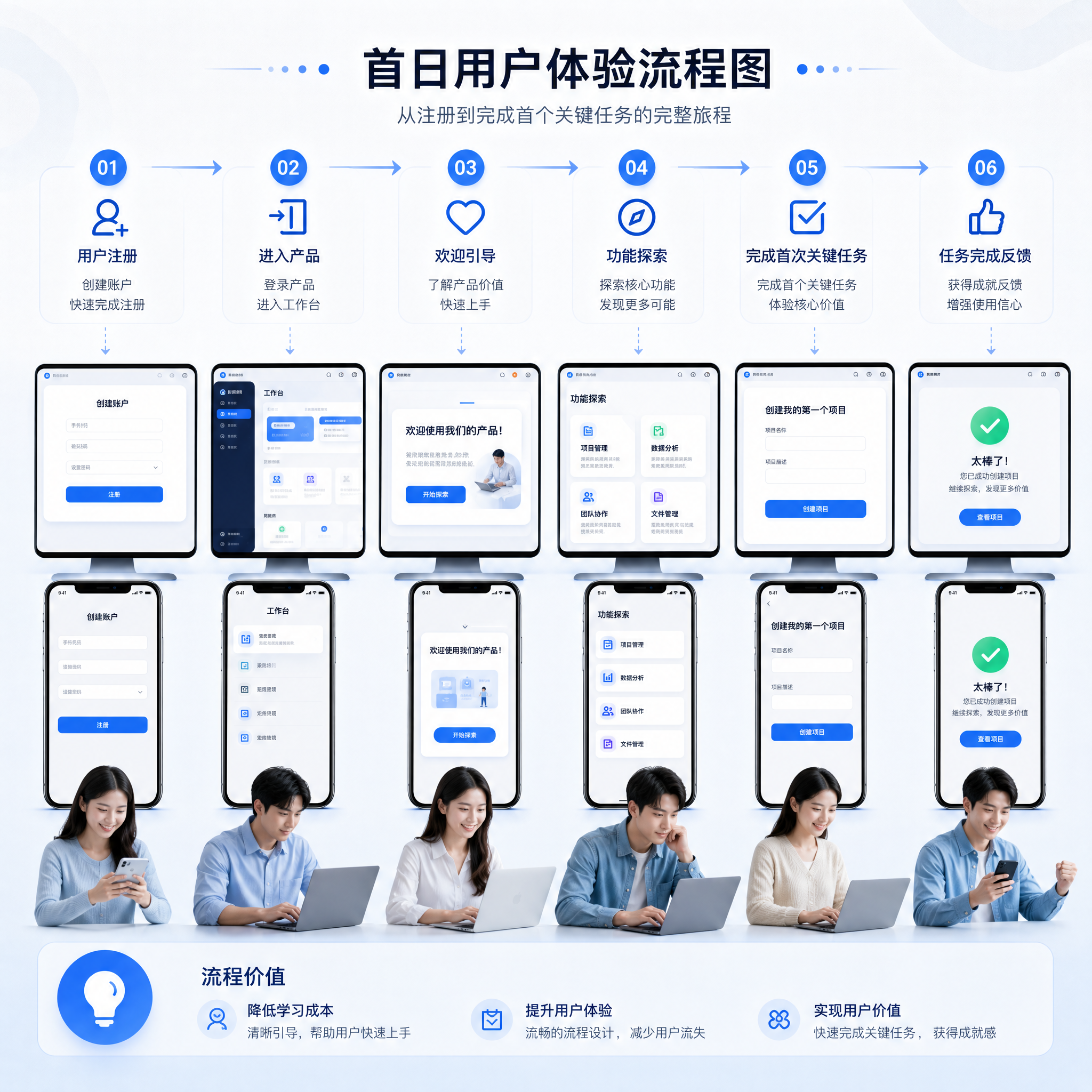 用户注册后从进入产品到完成首次关键任务的首日体验流程图
