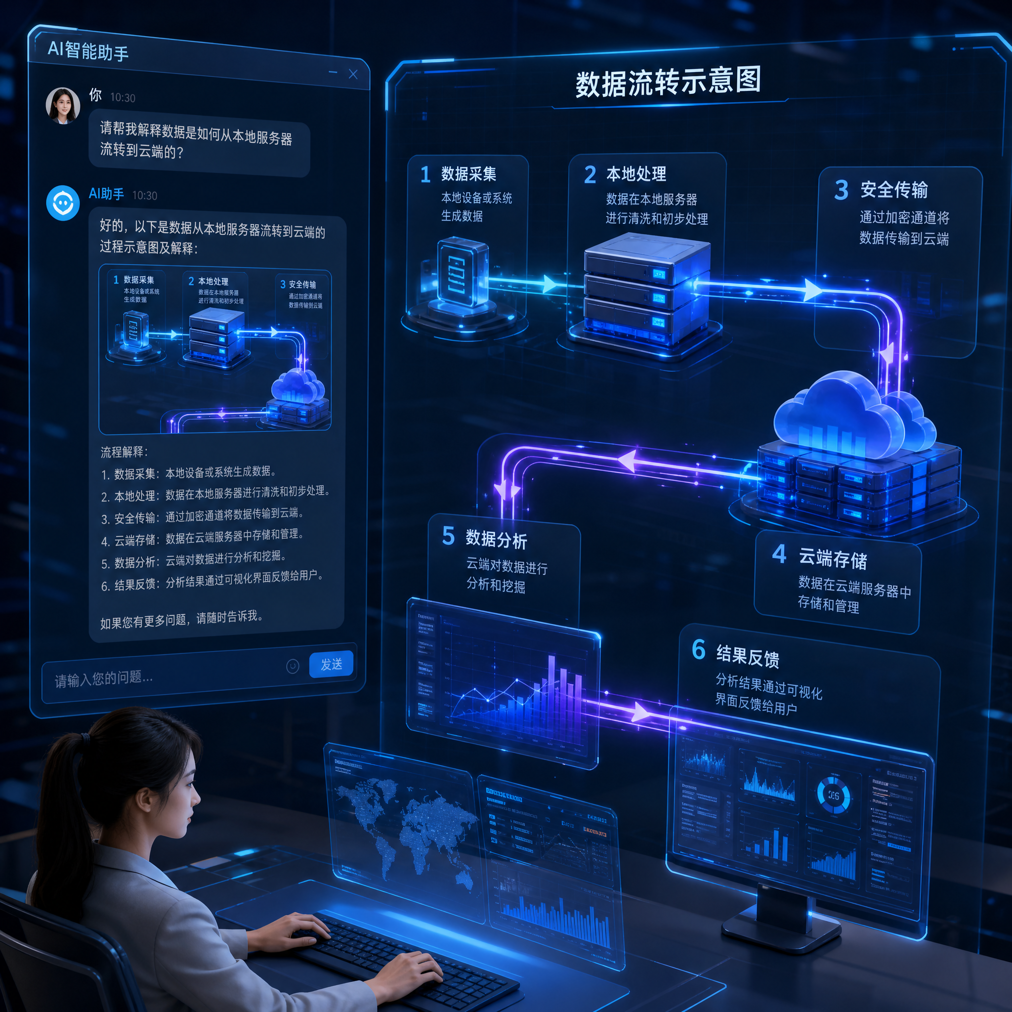AI对话窗口与数据流转示意图