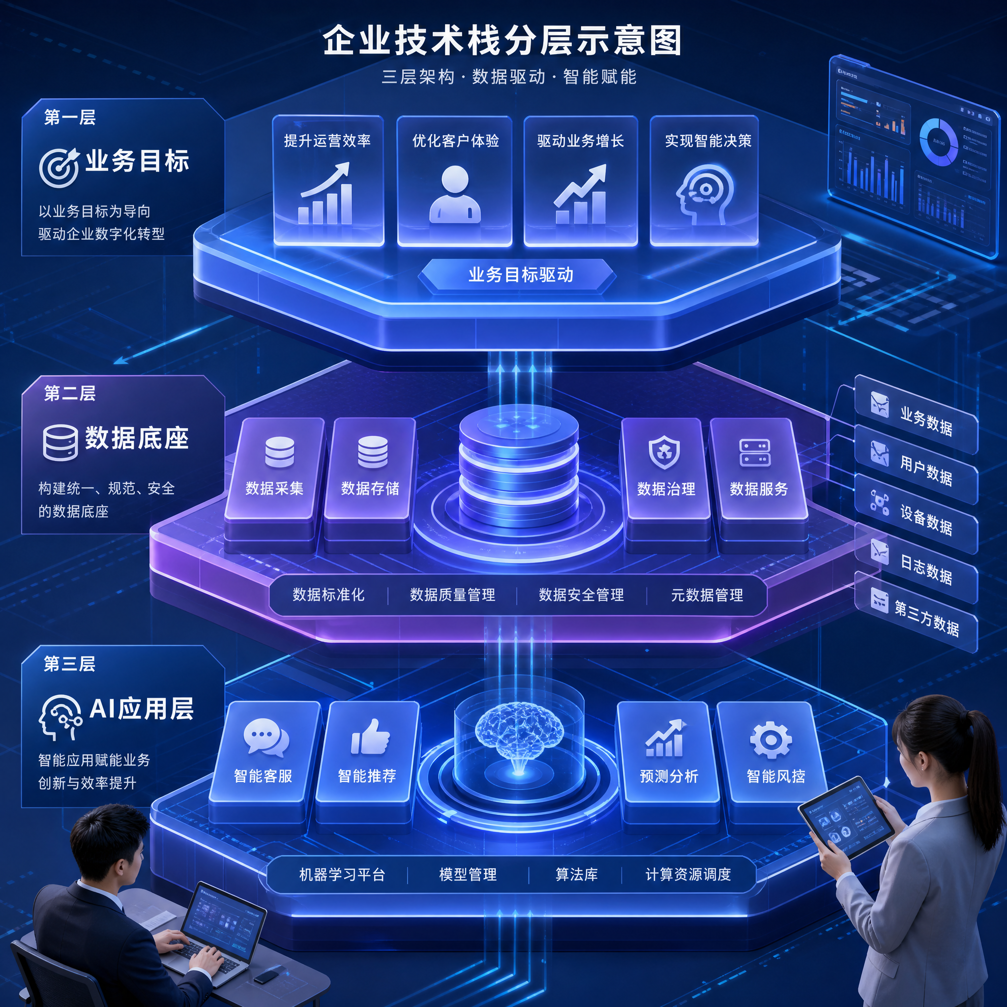 从业务目标、数据底座到AI应用层的企业技术栈分层示意