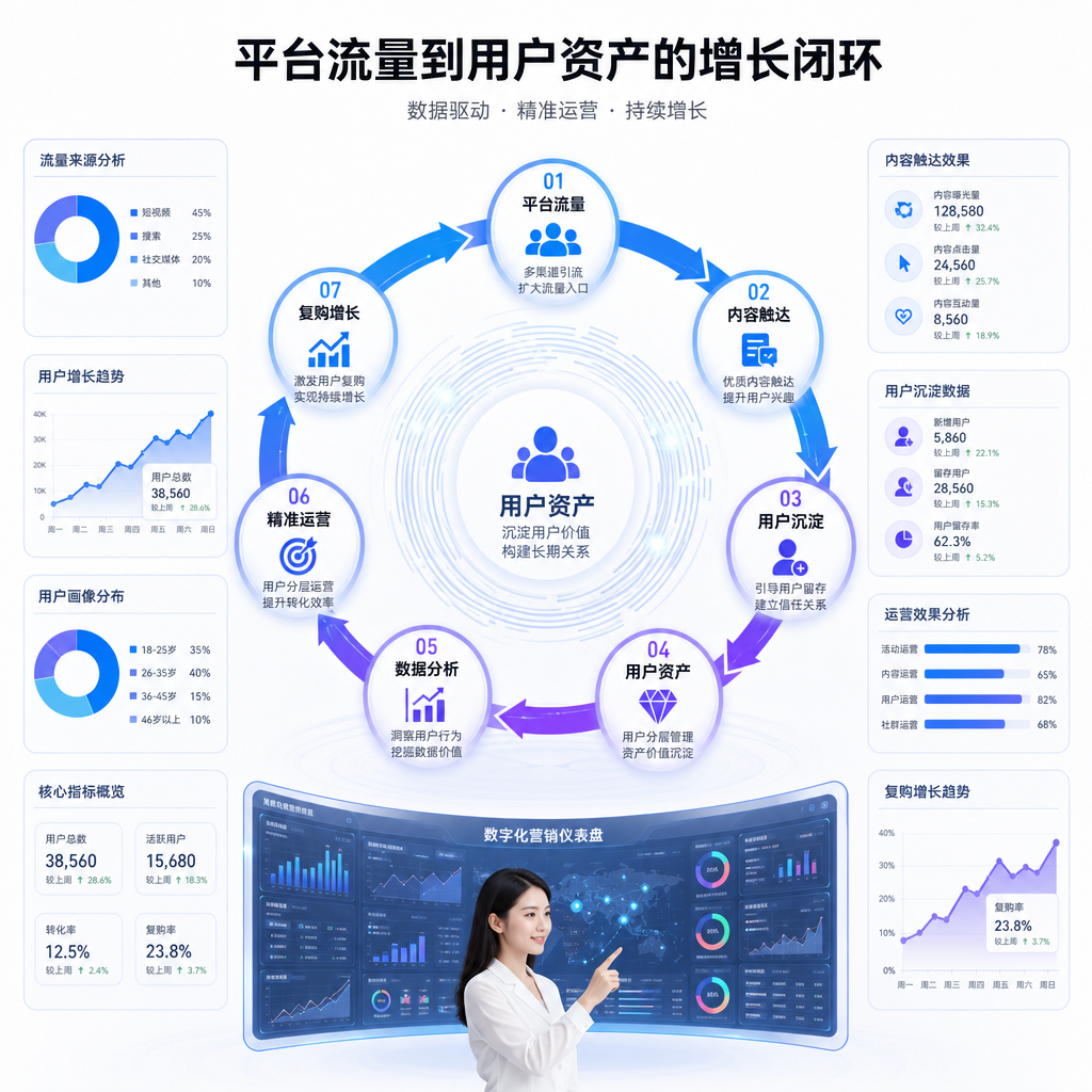 从平台流量到用户资产的增长闭环示意图