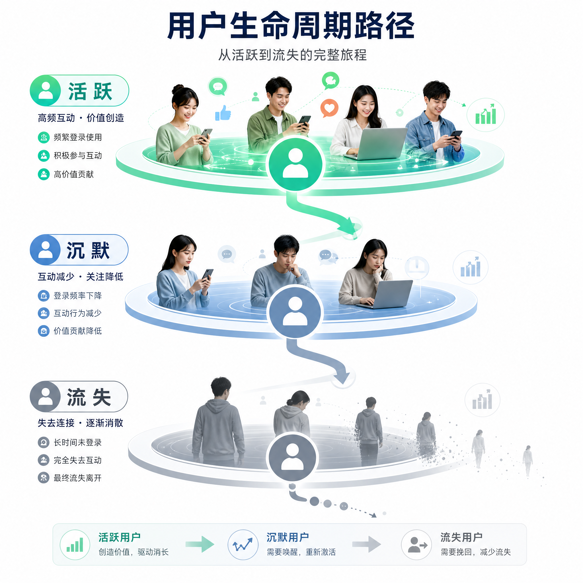 用户从活跃到沉默再到流失的生命周期路径